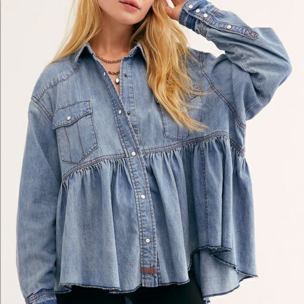 Free People Dylan Babydoll Snap Front Chambray Top - Picture 1 of 14